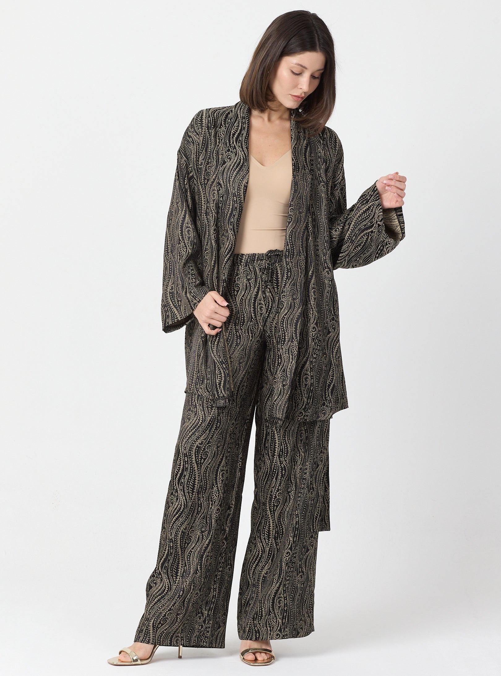Shawl Collar Kimono Set with Elastic Waist Pants
