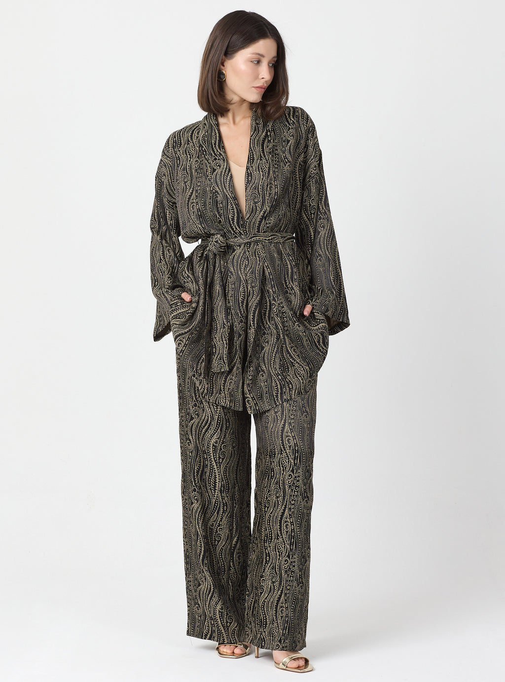 Shawl Collar Kimono Set with Elastic Waist Pants - Store WF