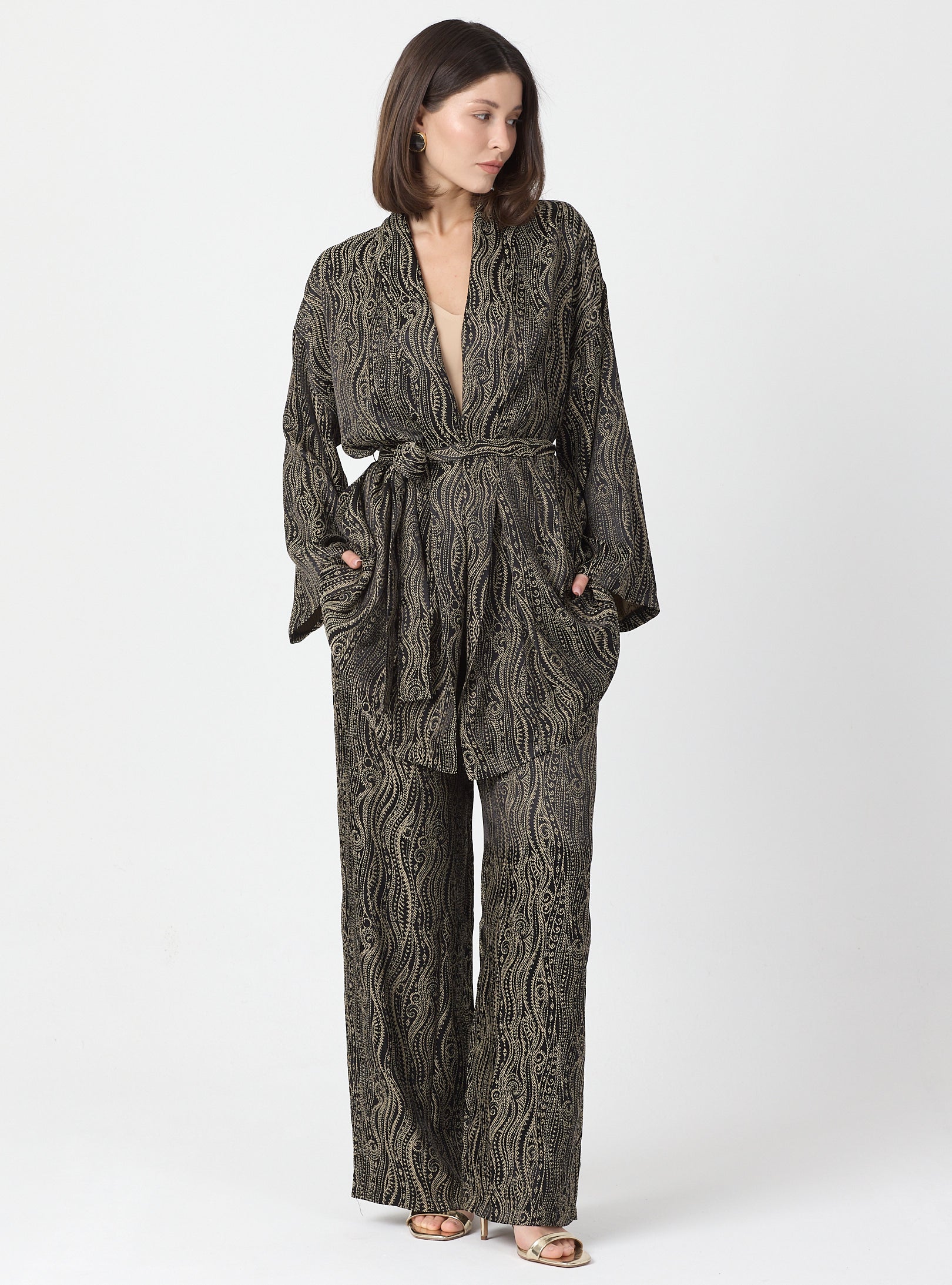 Shawl Collar Kimono Set with Elastic Waist Pants