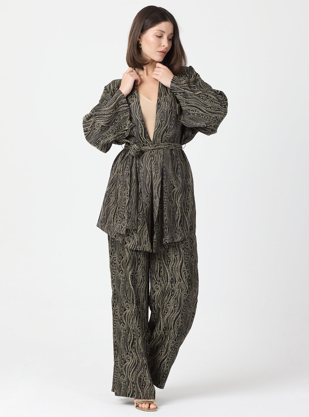 Shawl Collar Kimono Set with Elastic Waist Pants - Store WF