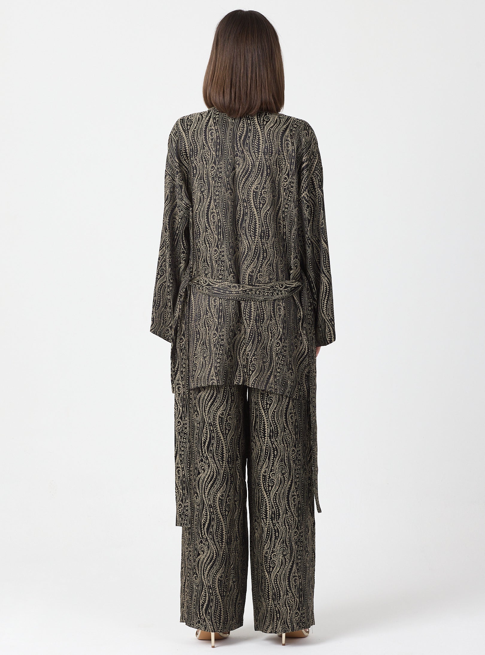 Shawl Collar Kimono Set with Elastic Waist Pants