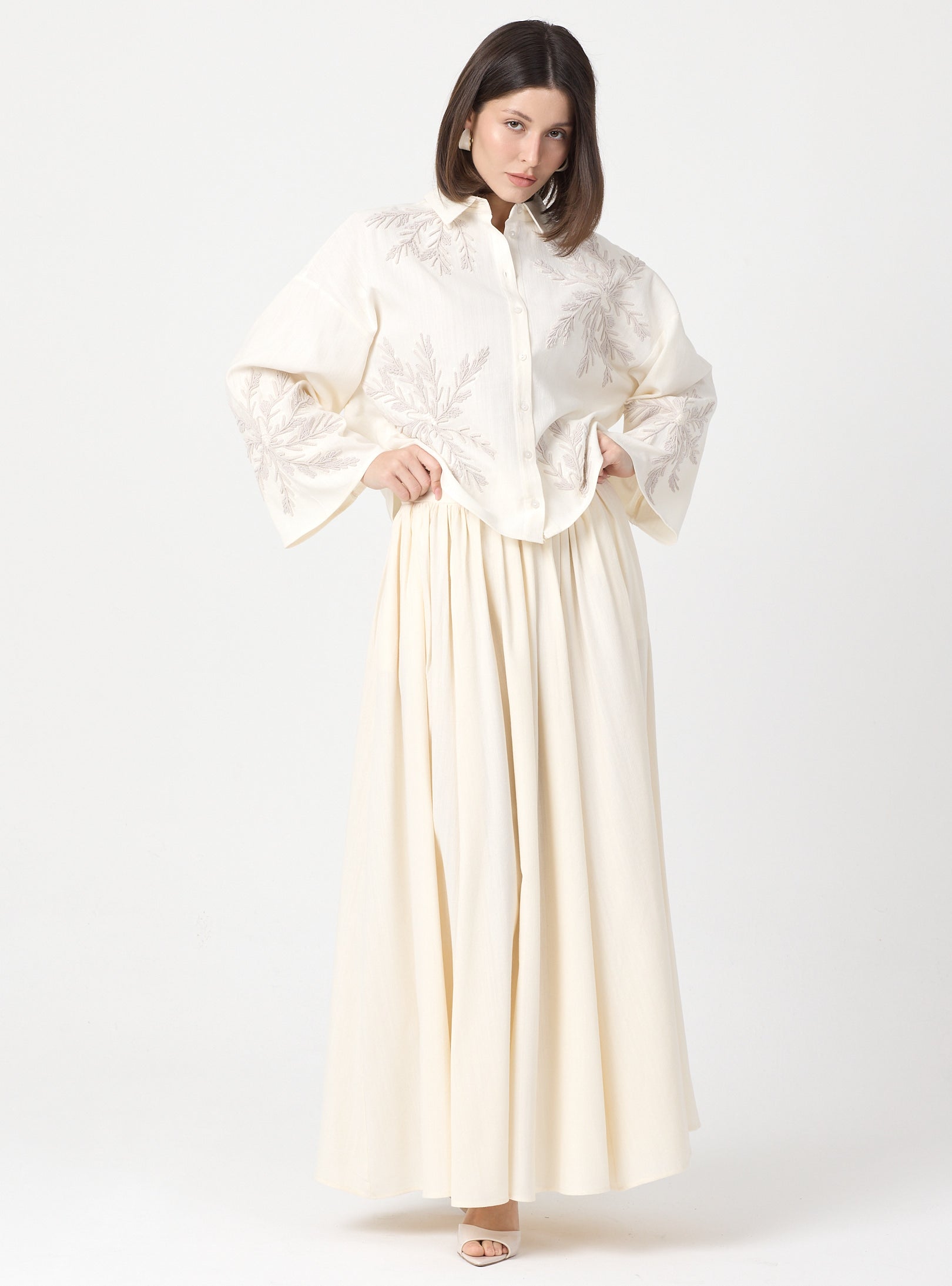 Ivory Embroidered Cotton Shirt & Skirt Set