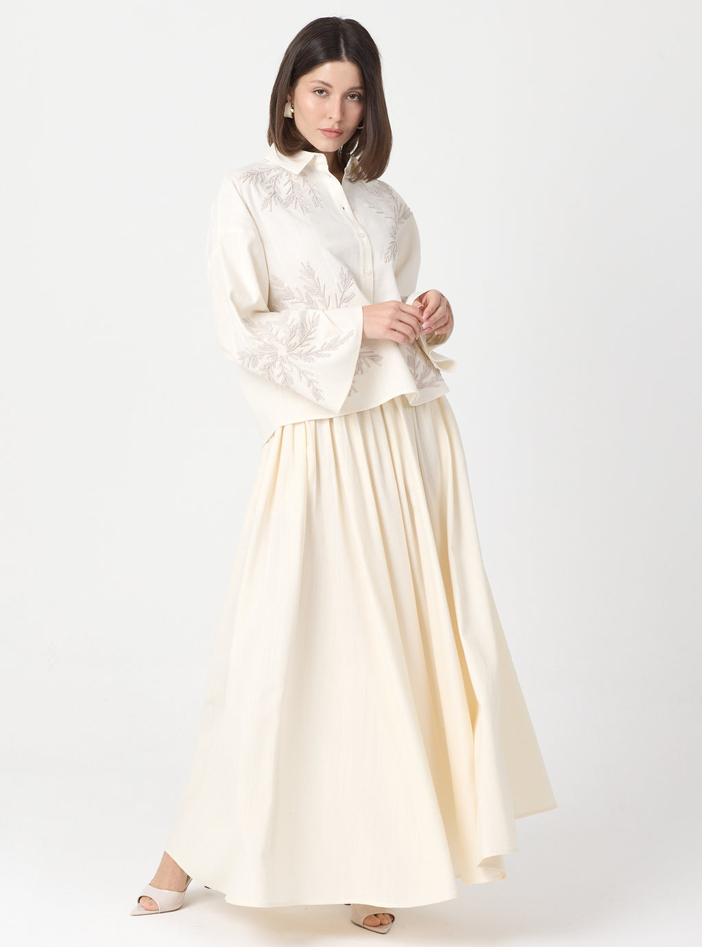 Ivory Embroidered Cotton Shirt & Skirt Set - Store WF