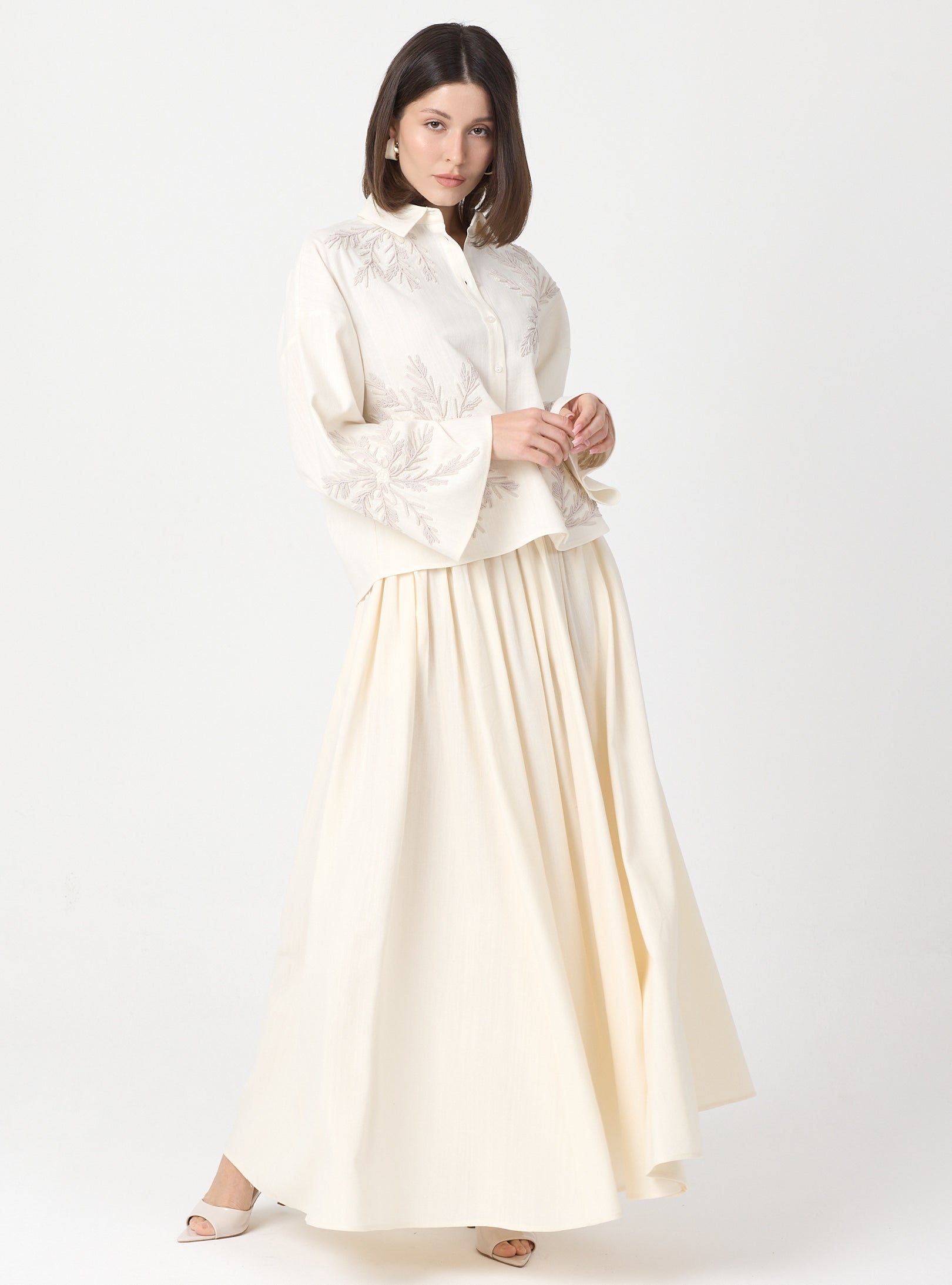 Ivory Embroidered Cotton Shirt & Skirt Set - Store WF