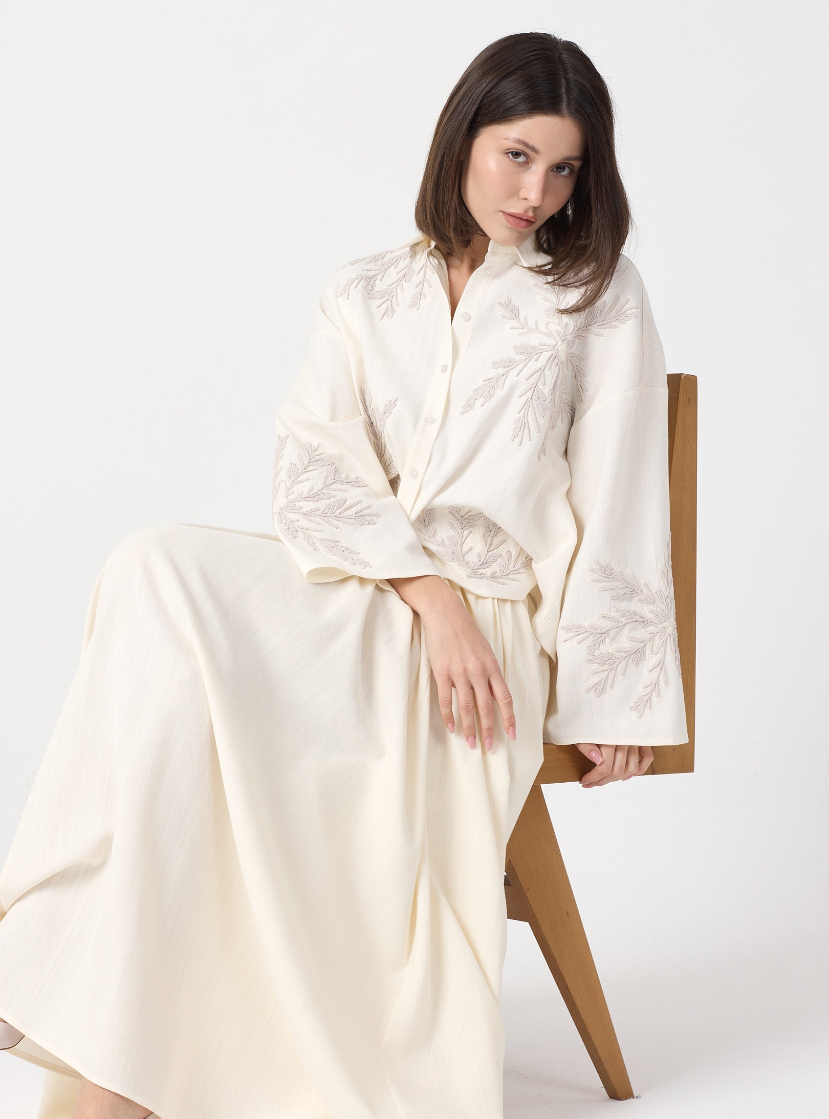 Ivory Embroidered Cotton Shirt & Skirt Set - Store WF