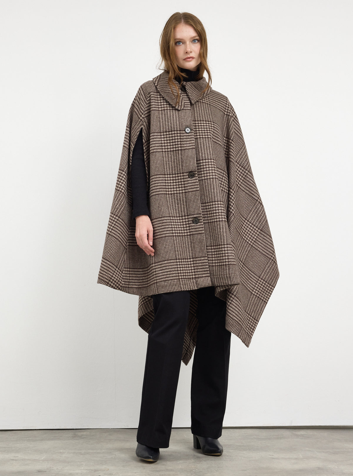 Brown Checked Wool Cape Jacket - Store WF