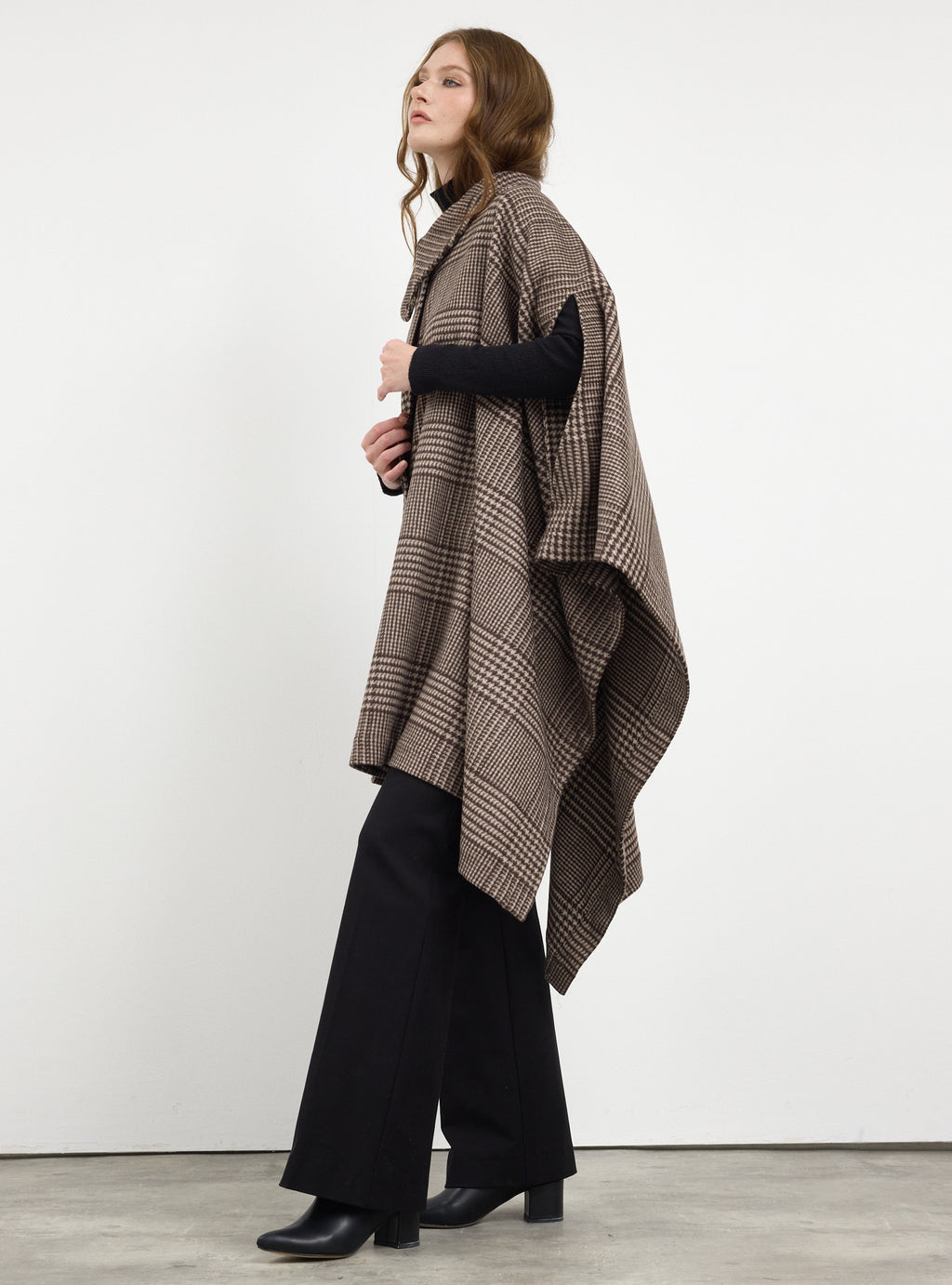 Brown Checked Wool Cape Jacket - Store WF