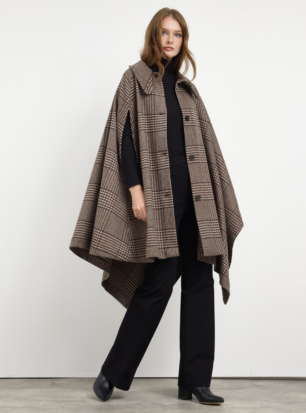 Brown Checked Wool Cape Jacket - Store WF