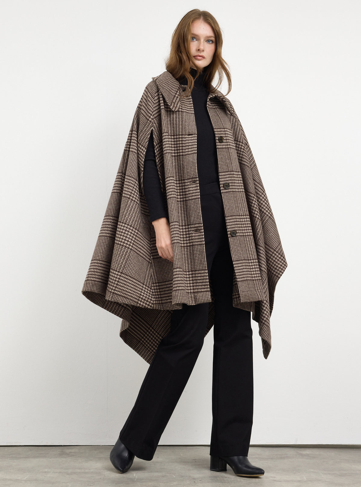 Brown Checked Wool Cape Jacket - Store WF