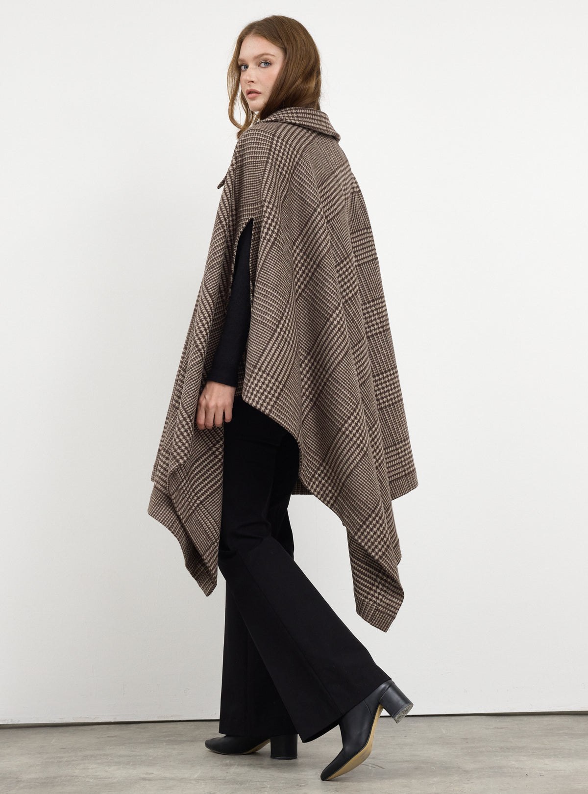 Brown Checked Wool Cape Jacket - Store WF