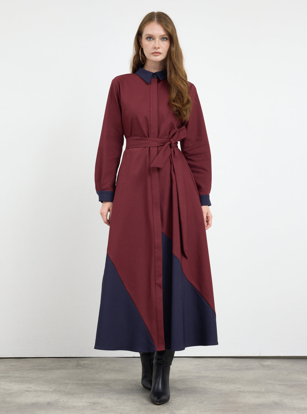 Burgundy Color Block Belted Maxi Dress