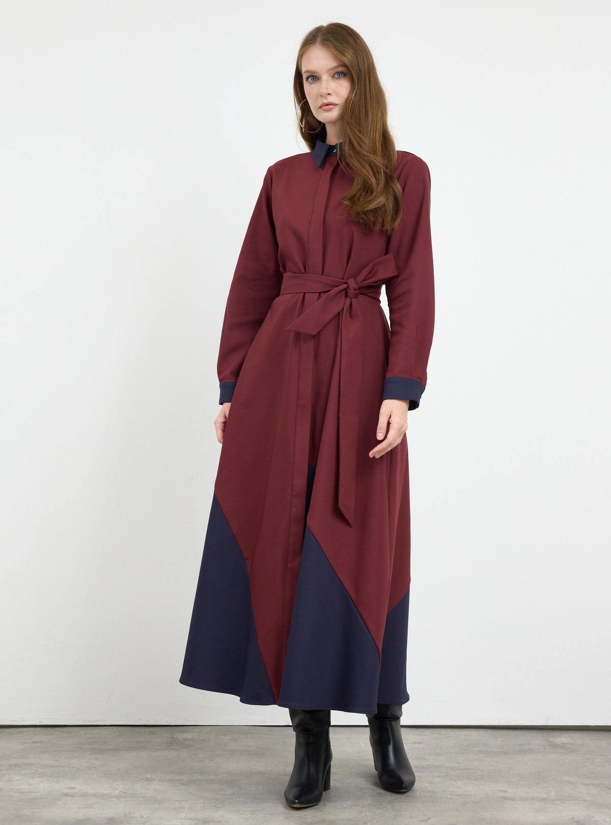 Burgundy Color Block Belted Maxi Dress