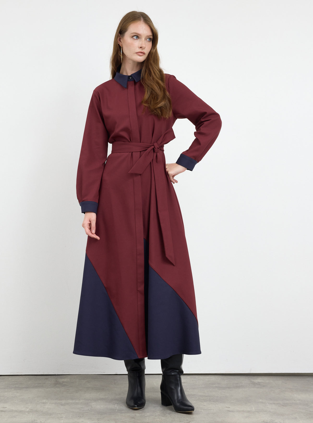 Burgundy Color Block Belted Maxi Dress