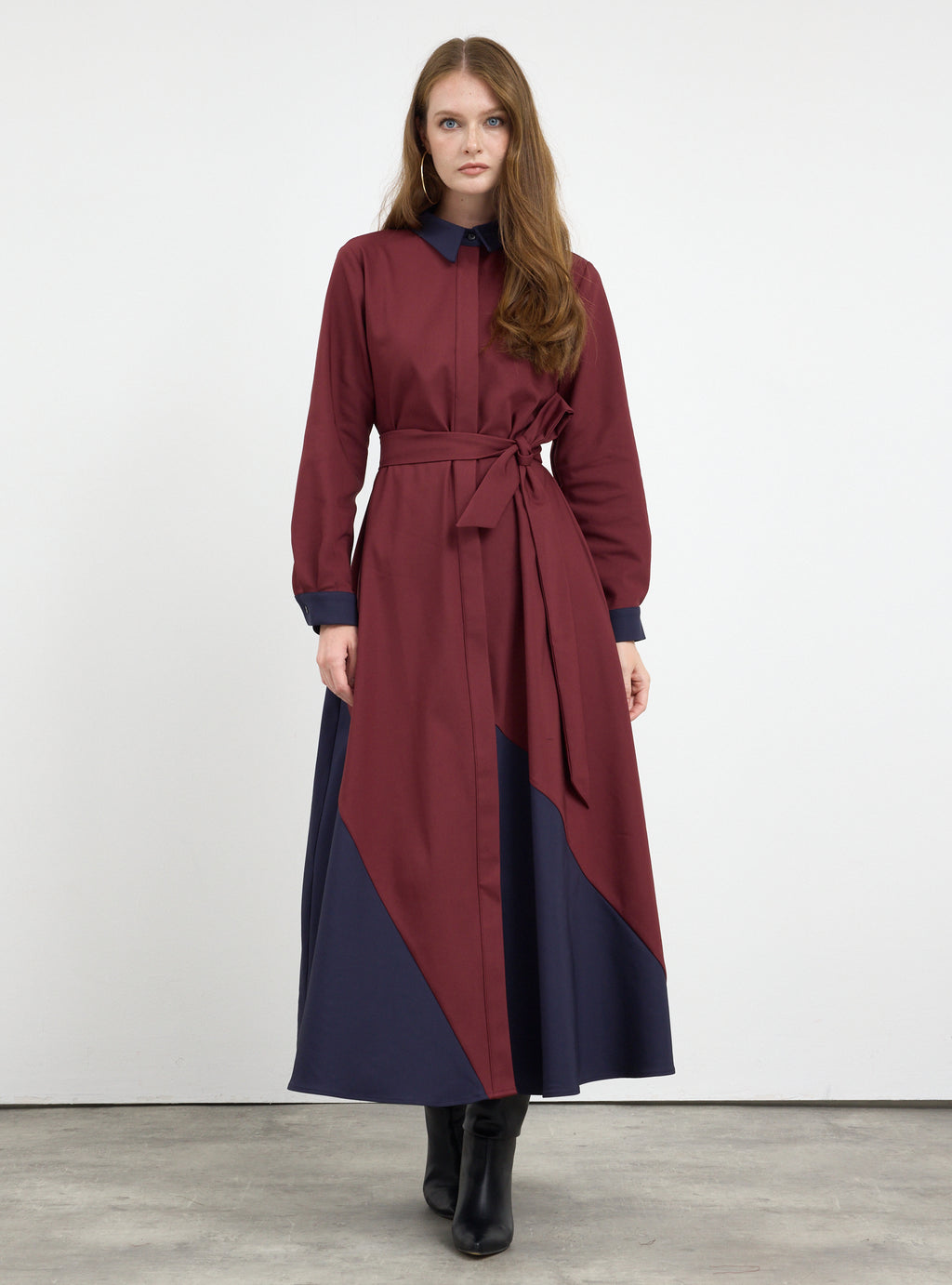 Burgundy Color Block Belted Maxi Dress
