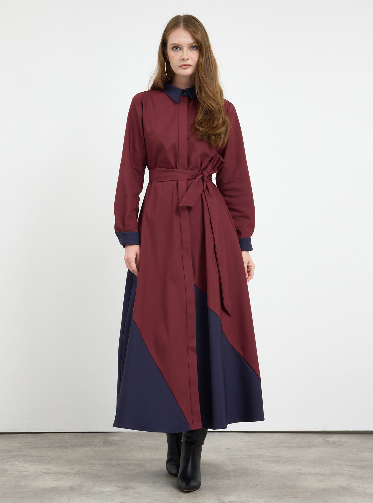 Burgundy Color Block Belted Maxi Dress