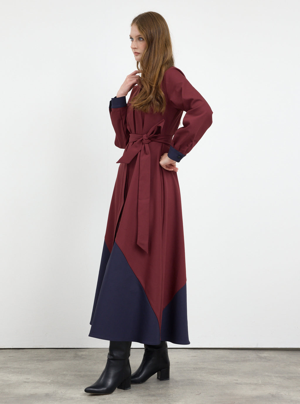 Burgundy Color Block Belted Maxi Dress