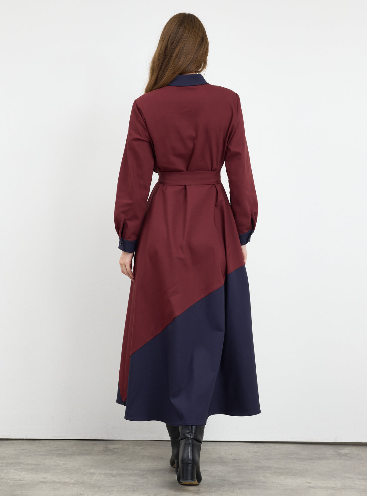 Burgundy Color Block Belted Maxi Dress