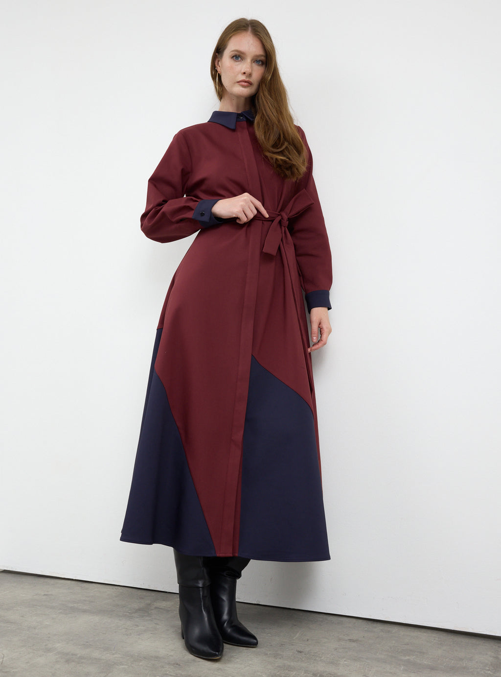 Burgundy Color Block Belted Maxi Dress
