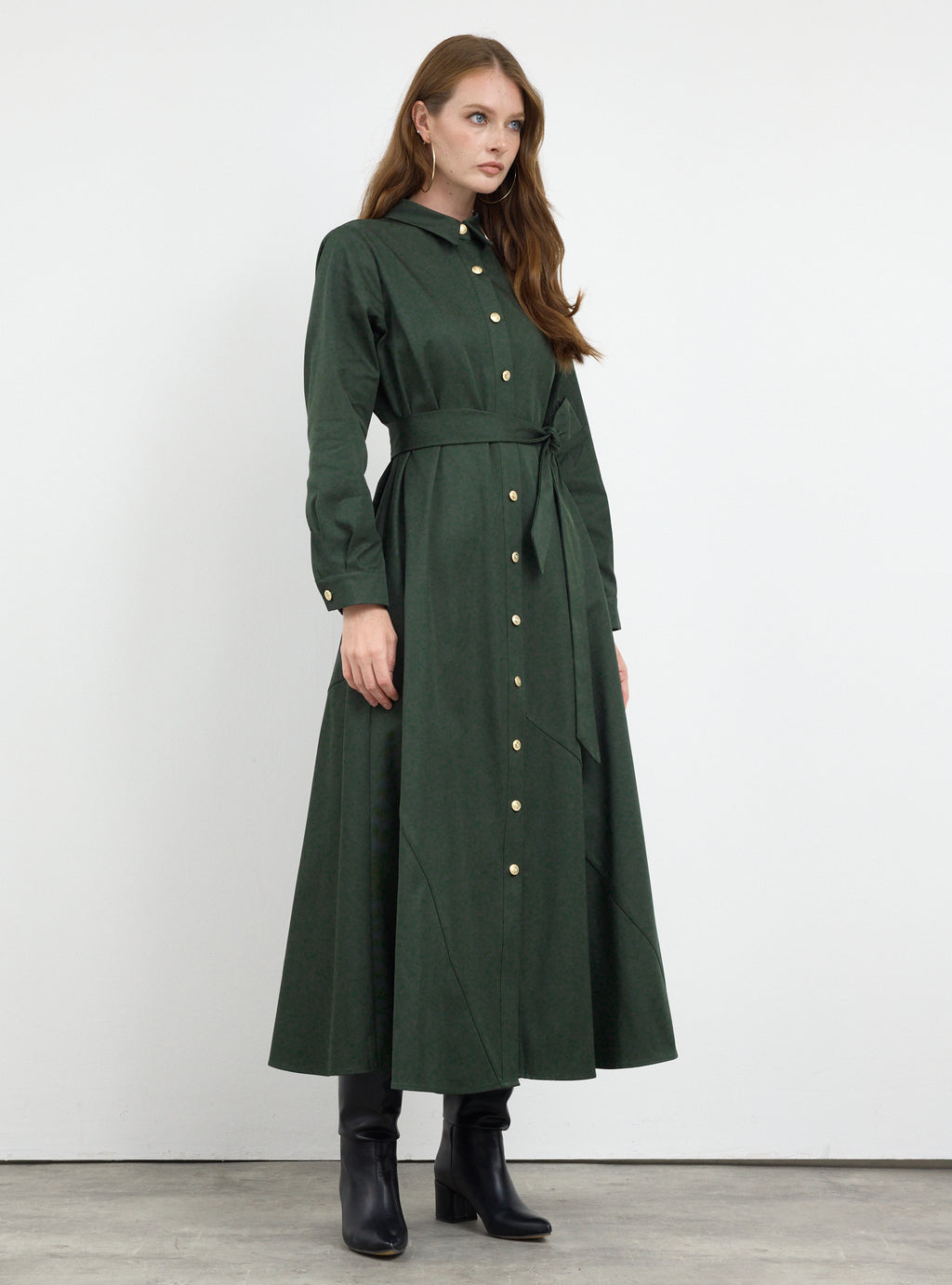Gold Button Slit-Hem Belted Maxi Dress
