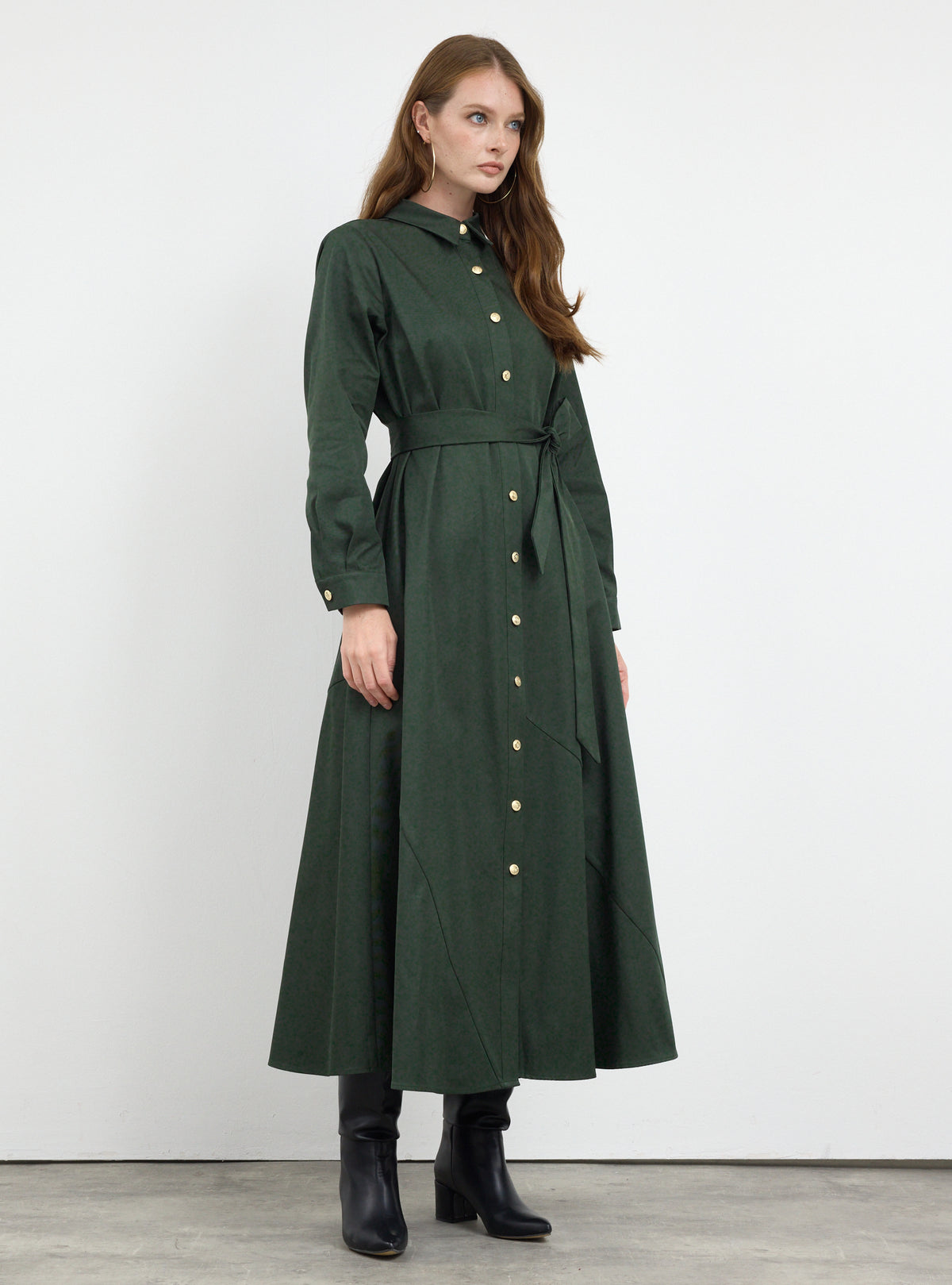 Gold Button Slit-Hem Belted Maxi Dress