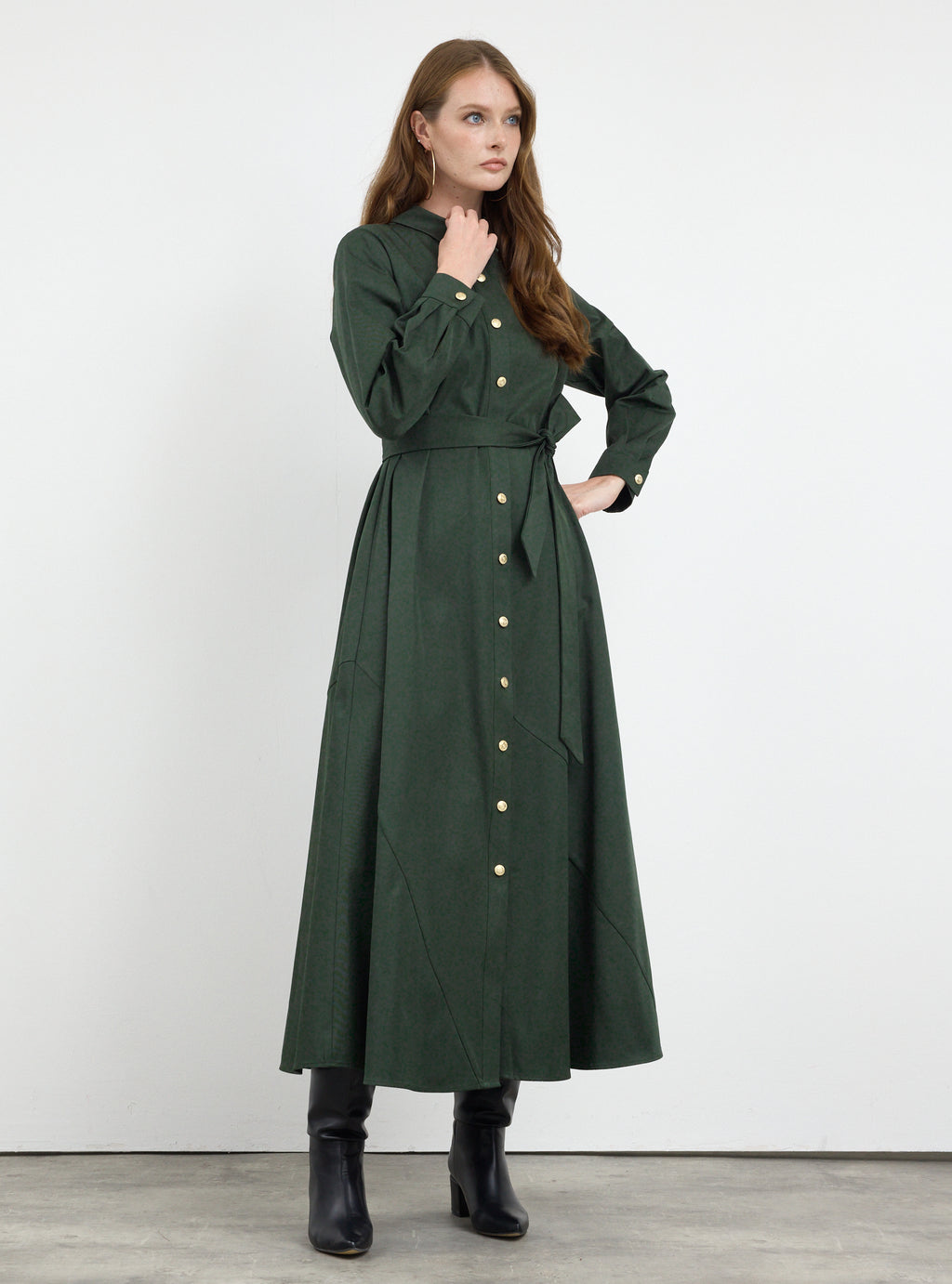 Gold Button Slit-Hem Belted Maxi Dress