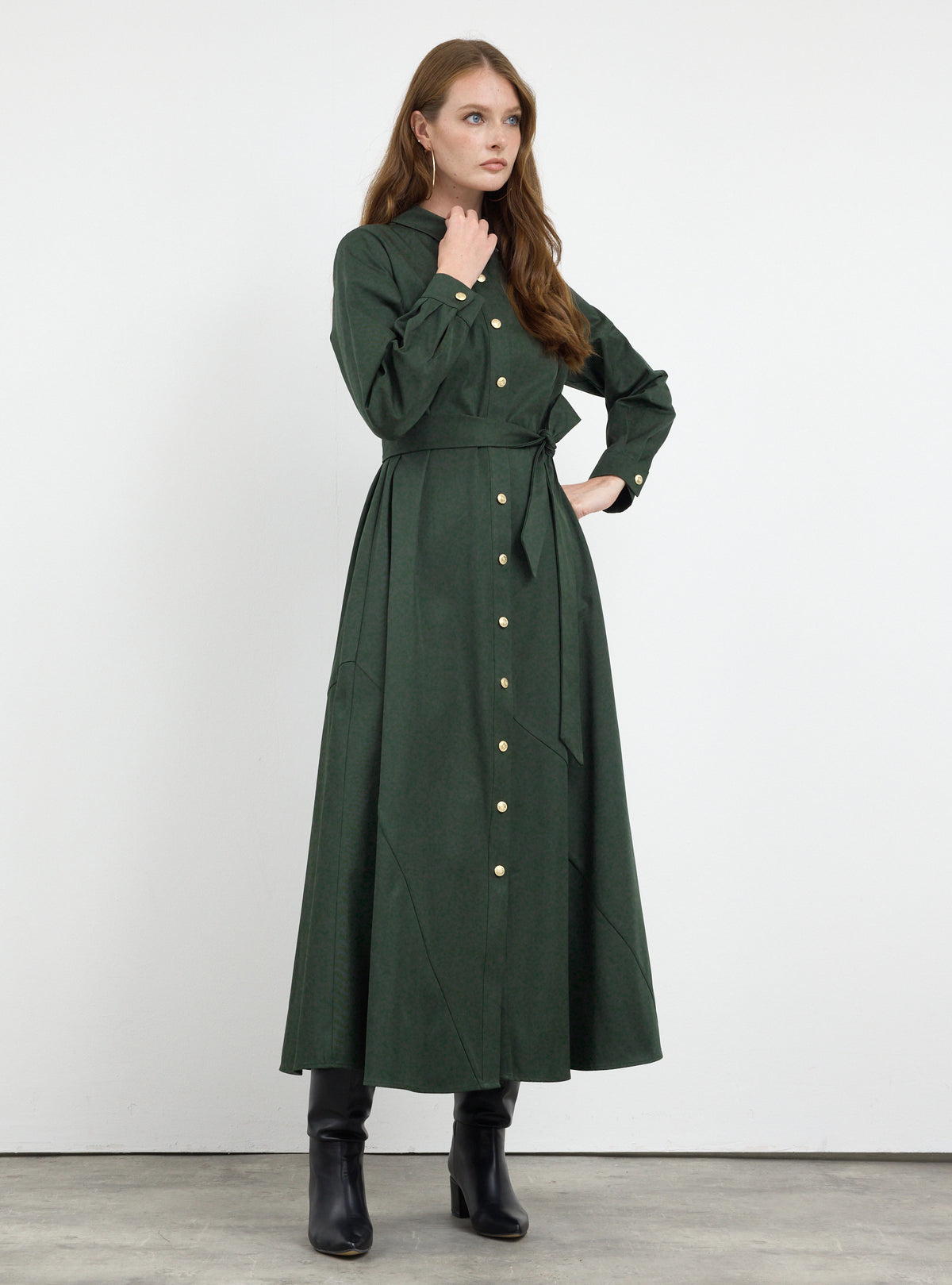 Gold Button Slit-Hem Belted Maxi Dress
