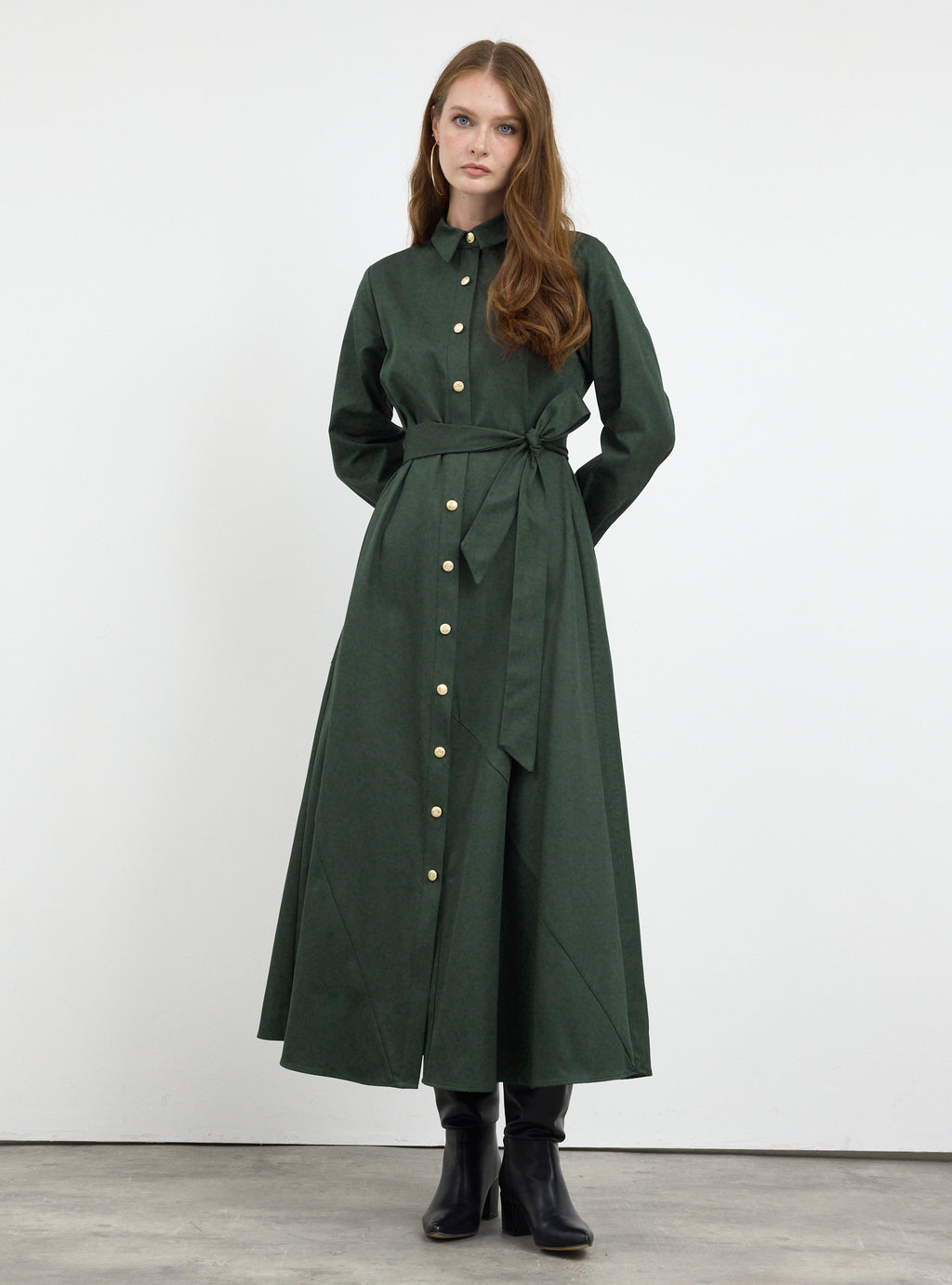 Gold Button Slit-Hem Belted Maxi Dress