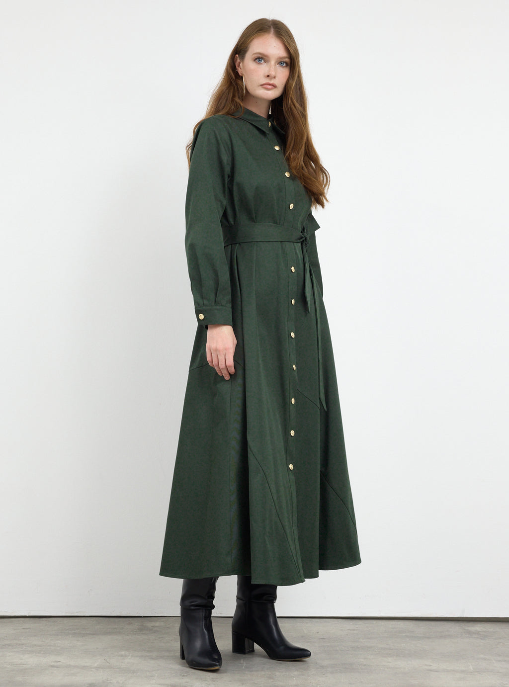 Gold Button Slit-Hem Belted Maxi Dress