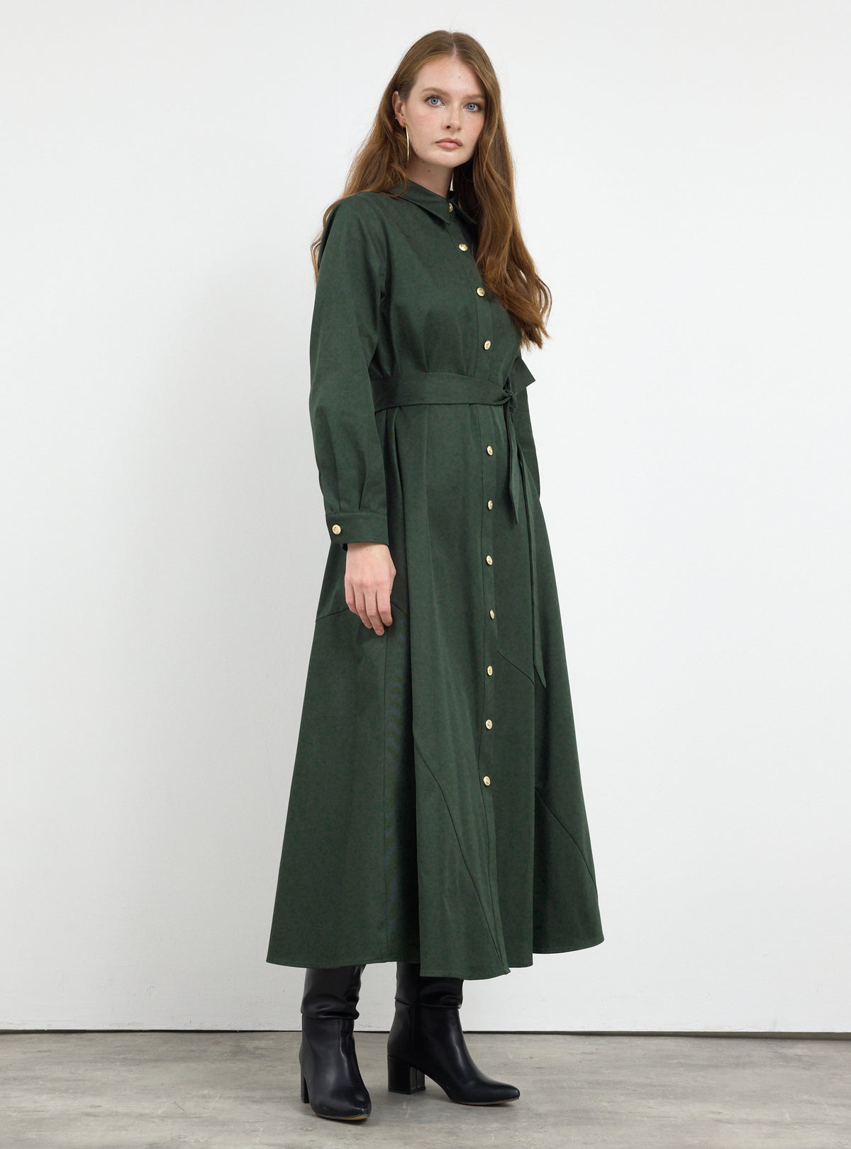 Gold Button Slit-Hem Belted Maxi Dress