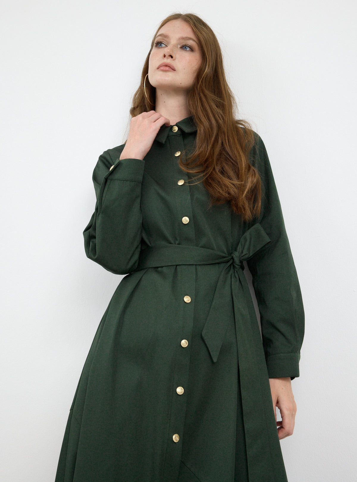 Gold Button Slit-Hem Belted Maxi Dress