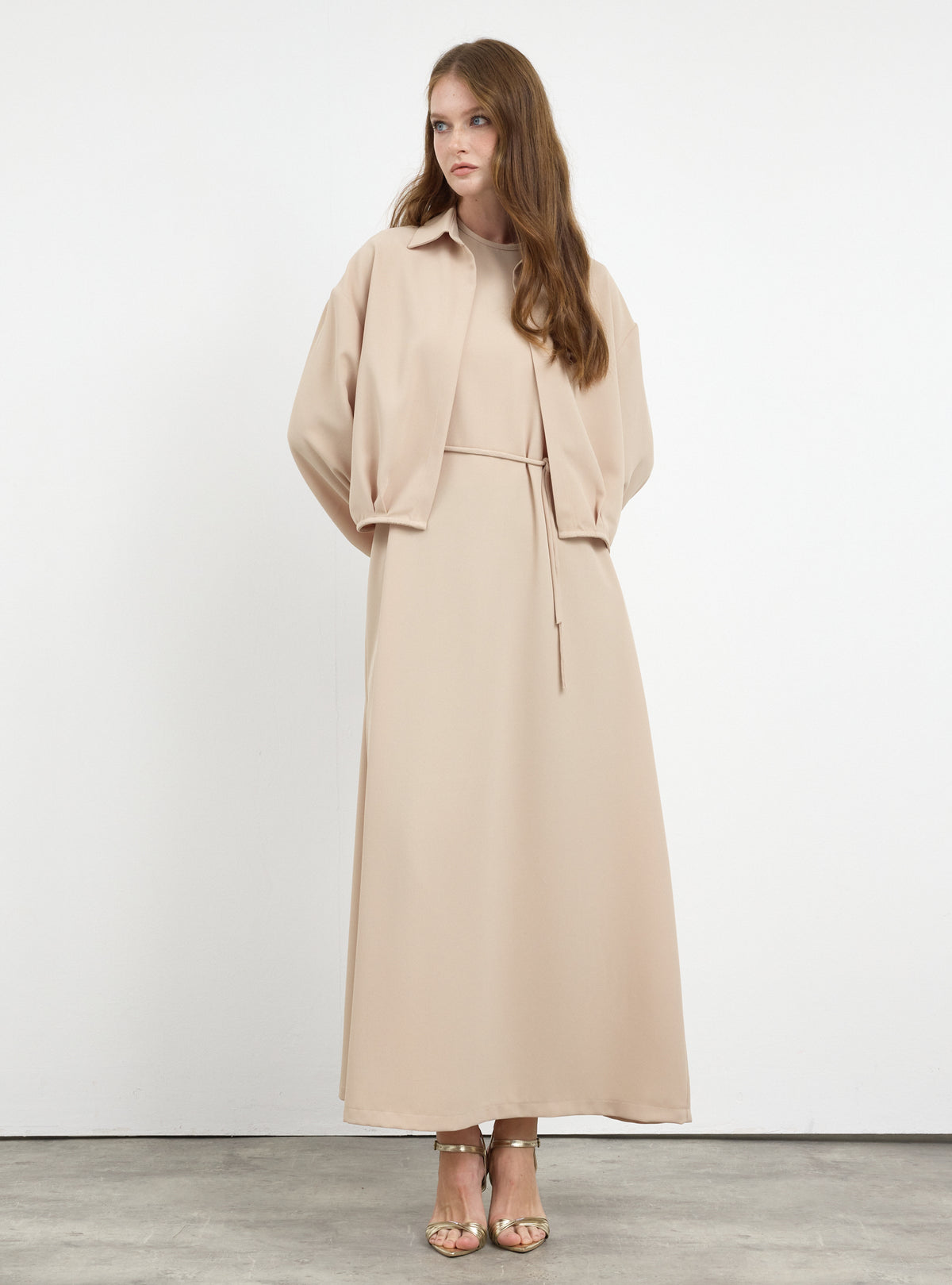 Three-Piece Dress & Jacket Set with Brooch and Slim Tie Belt