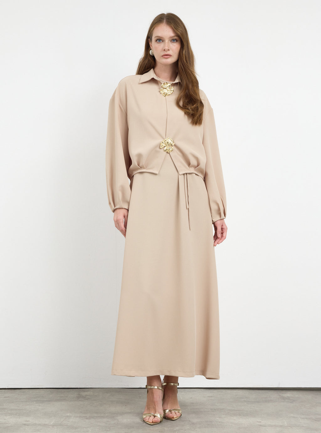 Three-Piece Dress & Jacket Set with Brooch and Slim Tie Belt