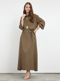 Three-Piece Dress & Jacket Set with Brooch and Slim Tie Belt Brown