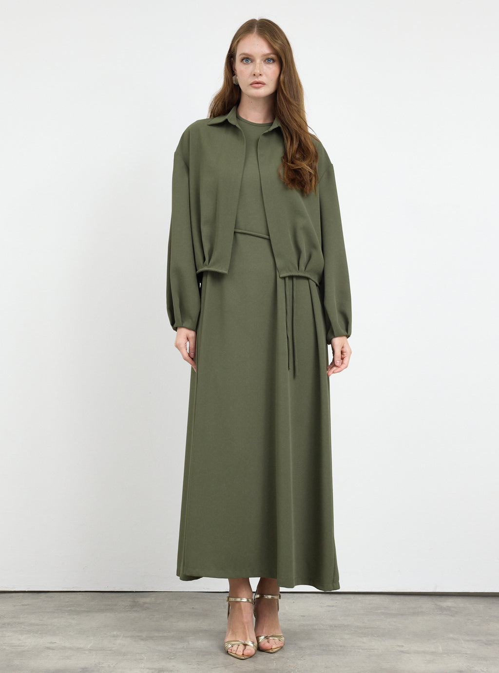 Three-Piece Dress & Jacket Set with Brooch and Slim Tie Belt Green