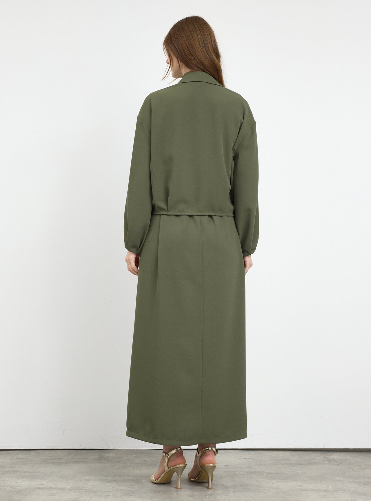 Three-Piece Dress & Jacket Set with Brooch and Slim Tie Belt Green