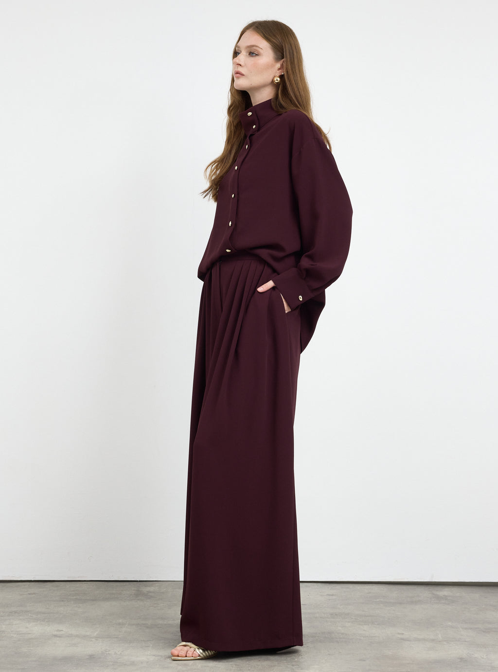 Burgundy Pleated Wide-Leg Trouser Shirt -Set