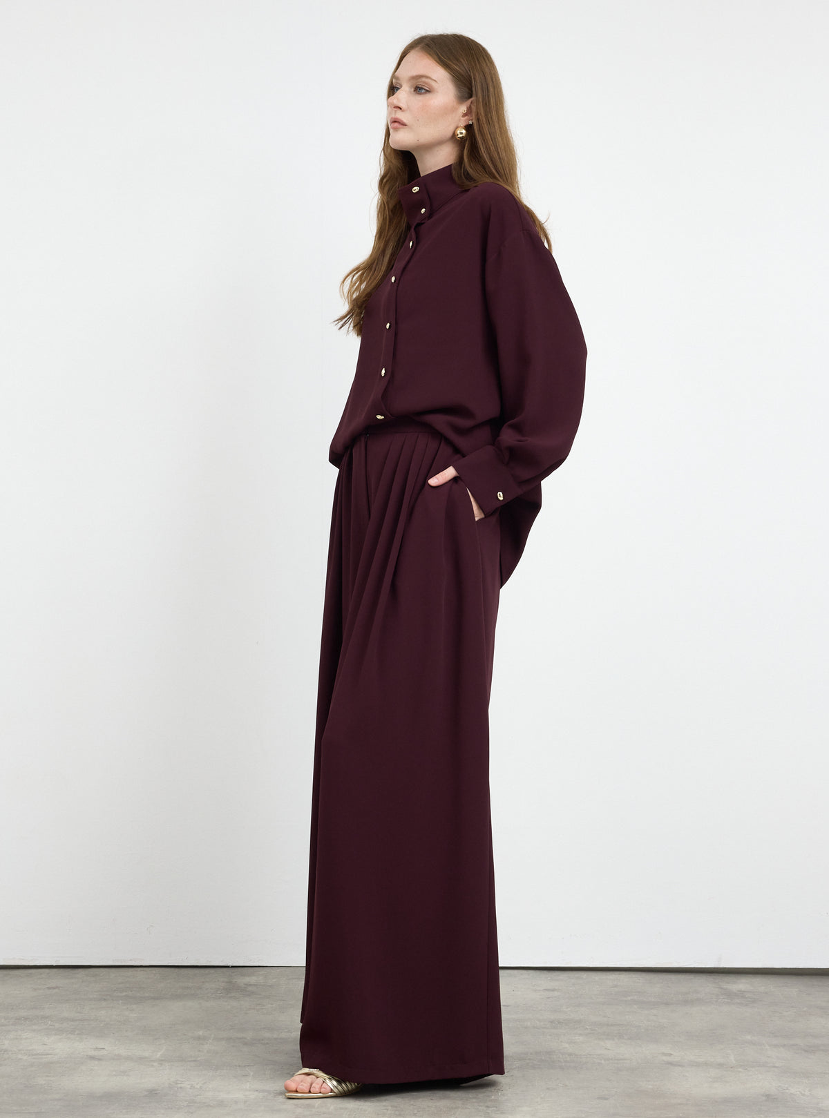 Burgundy Pleated Wide-Leg Trouser Shirt -Set