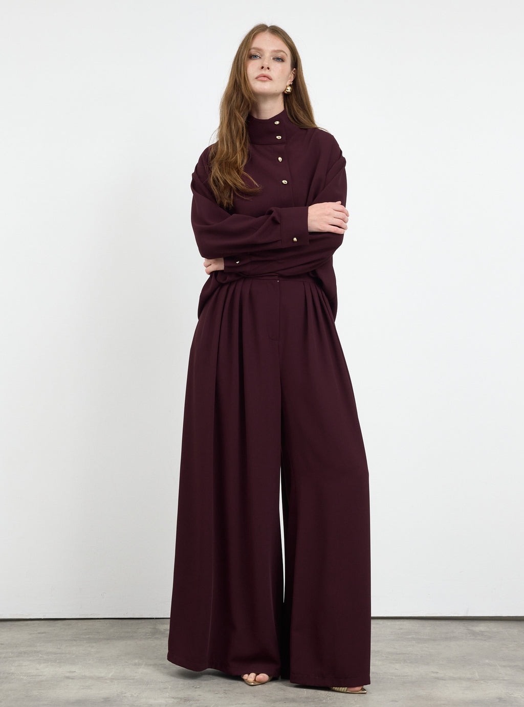 Burgundy Pleated Wide-Leg Trouser Shirt -Set