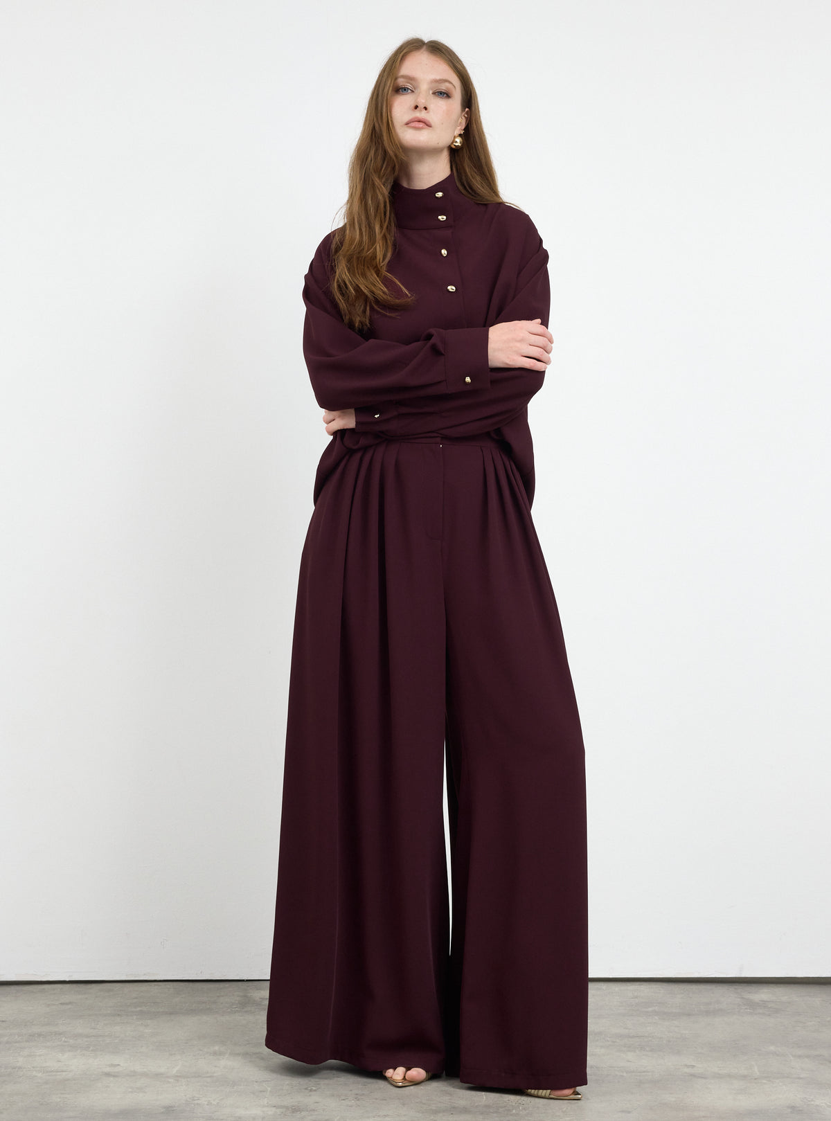 Burgundy Pleated Wide-Leg Trouser Shirt -Set
