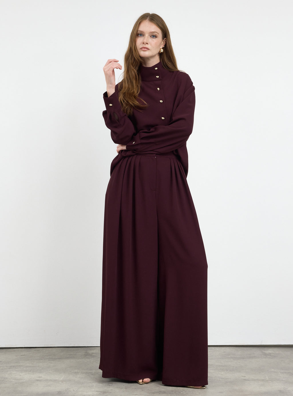Burgundy Pleated Wide-Leg Trouser Shirt -Set