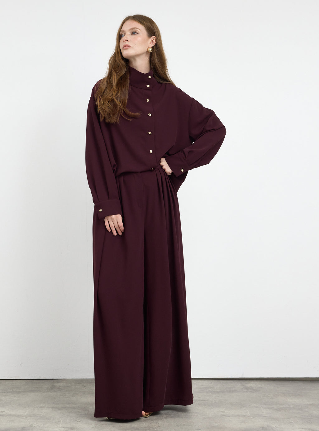 Burgundy Pleated Wide-Leg Trouser Shirt -Set