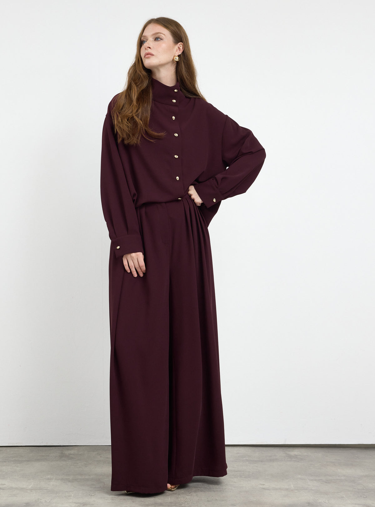 Burgundy Pleated Wide-Leg Trouser Shirt -Set