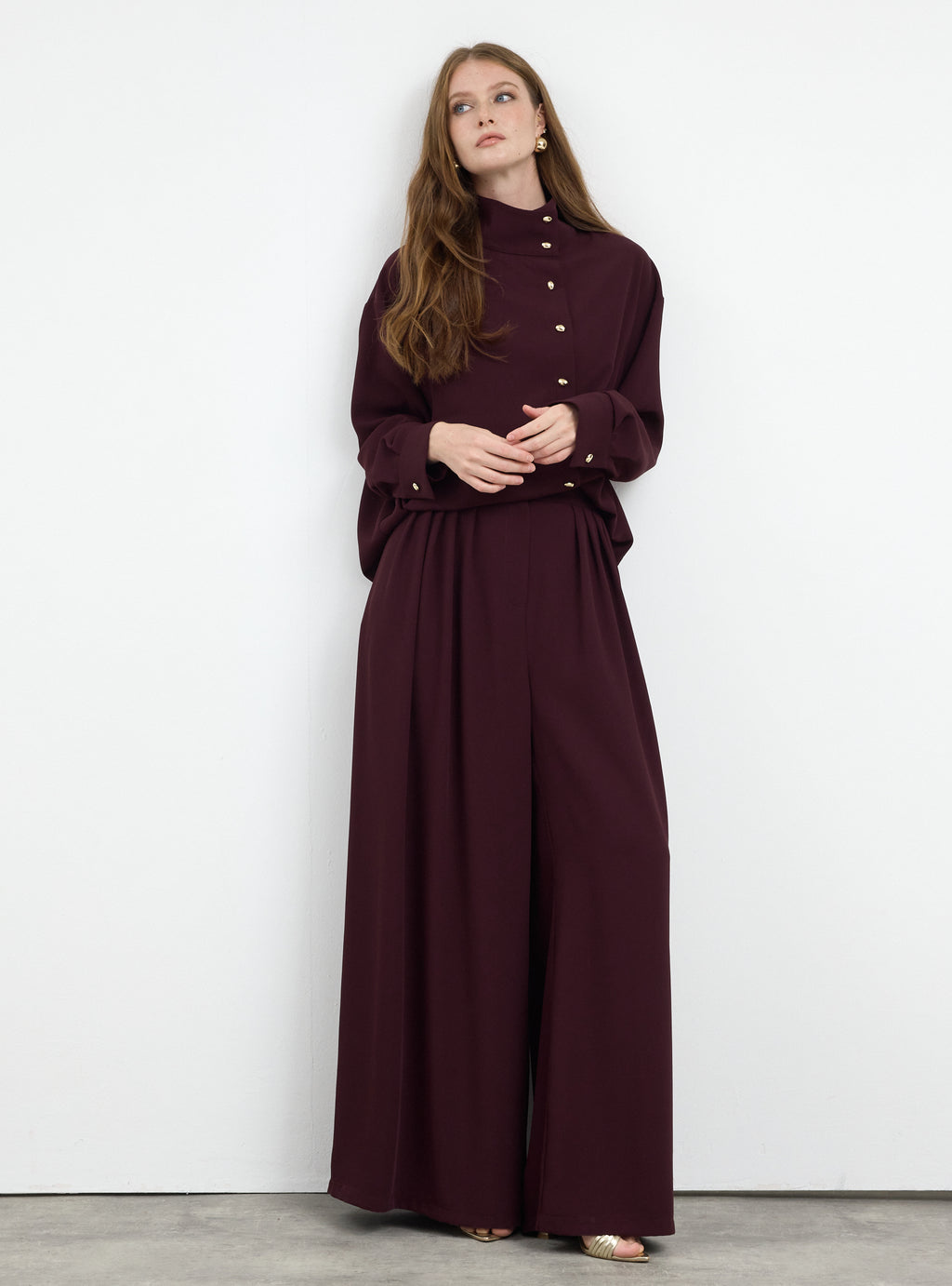 Burgundy Pleated Wide-Leg Trouser Shirt -Set