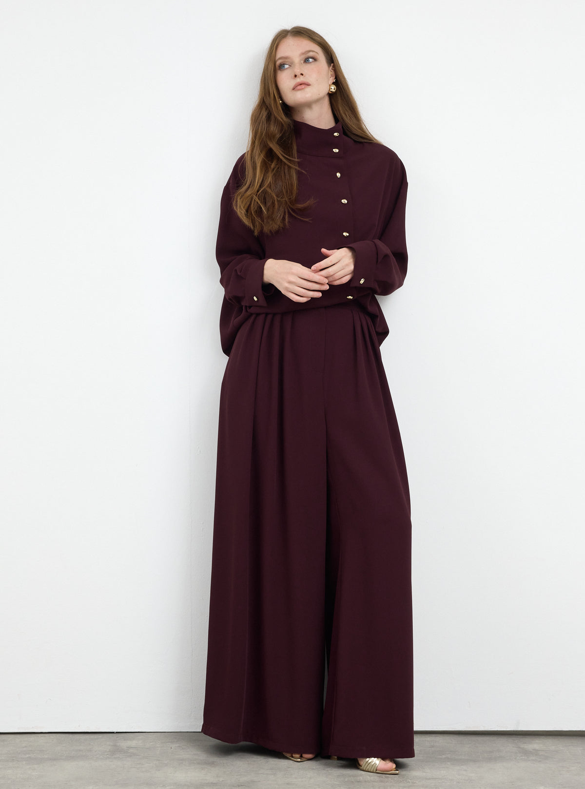 Burgundy Pleated Wide-Leg Trouser Shirt -Set