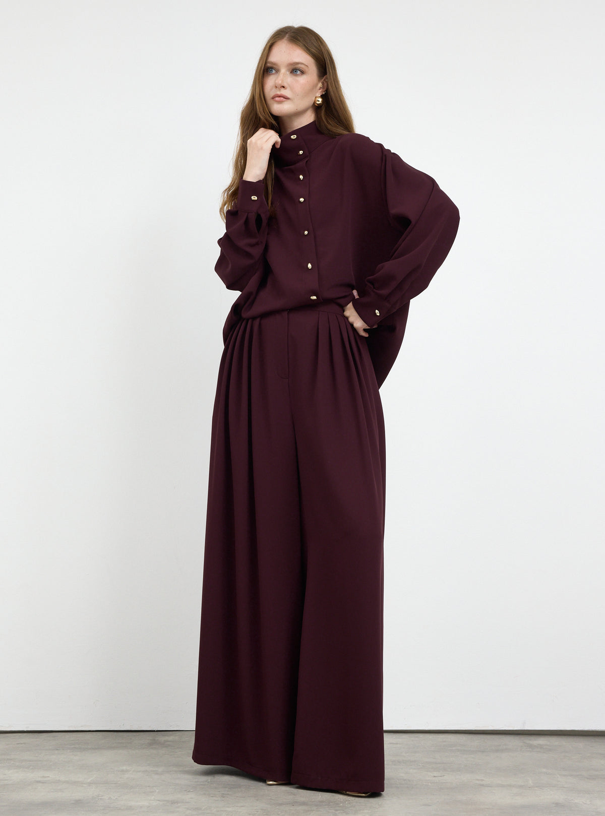 Burgundy Pleated Wide-Leg Trouser Shirt -Set