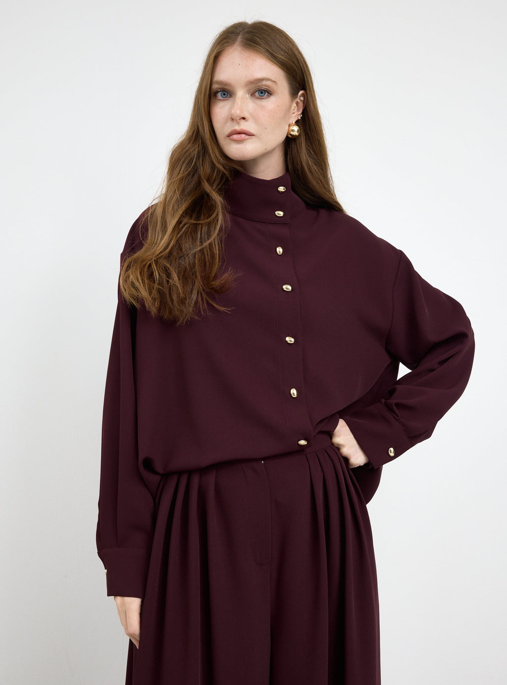 Burgundy Pleated Wide-Leg Trouser Shirt -Set