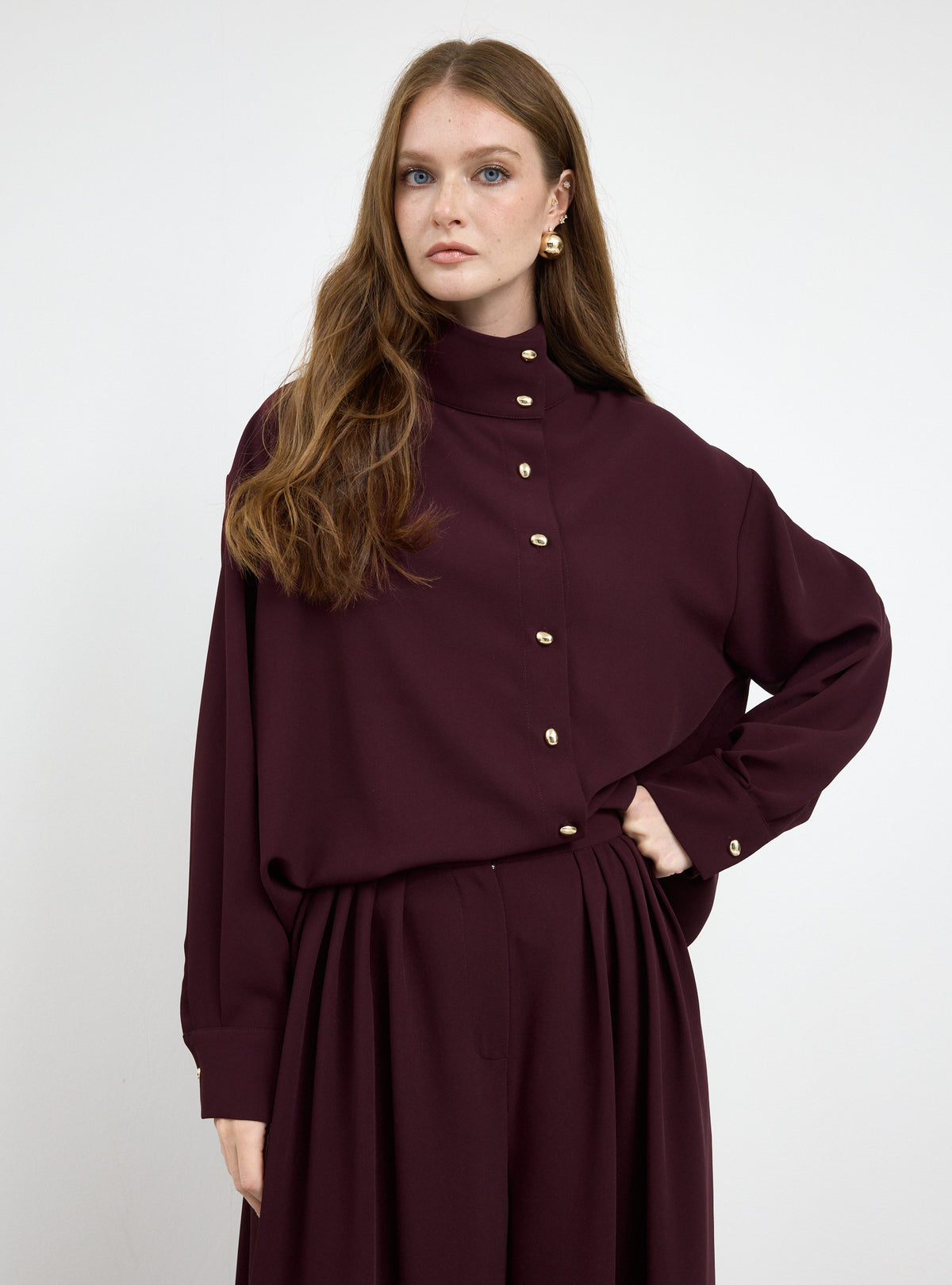 Burgundy Pleated Wide-Leg Trouser Shirt -Set