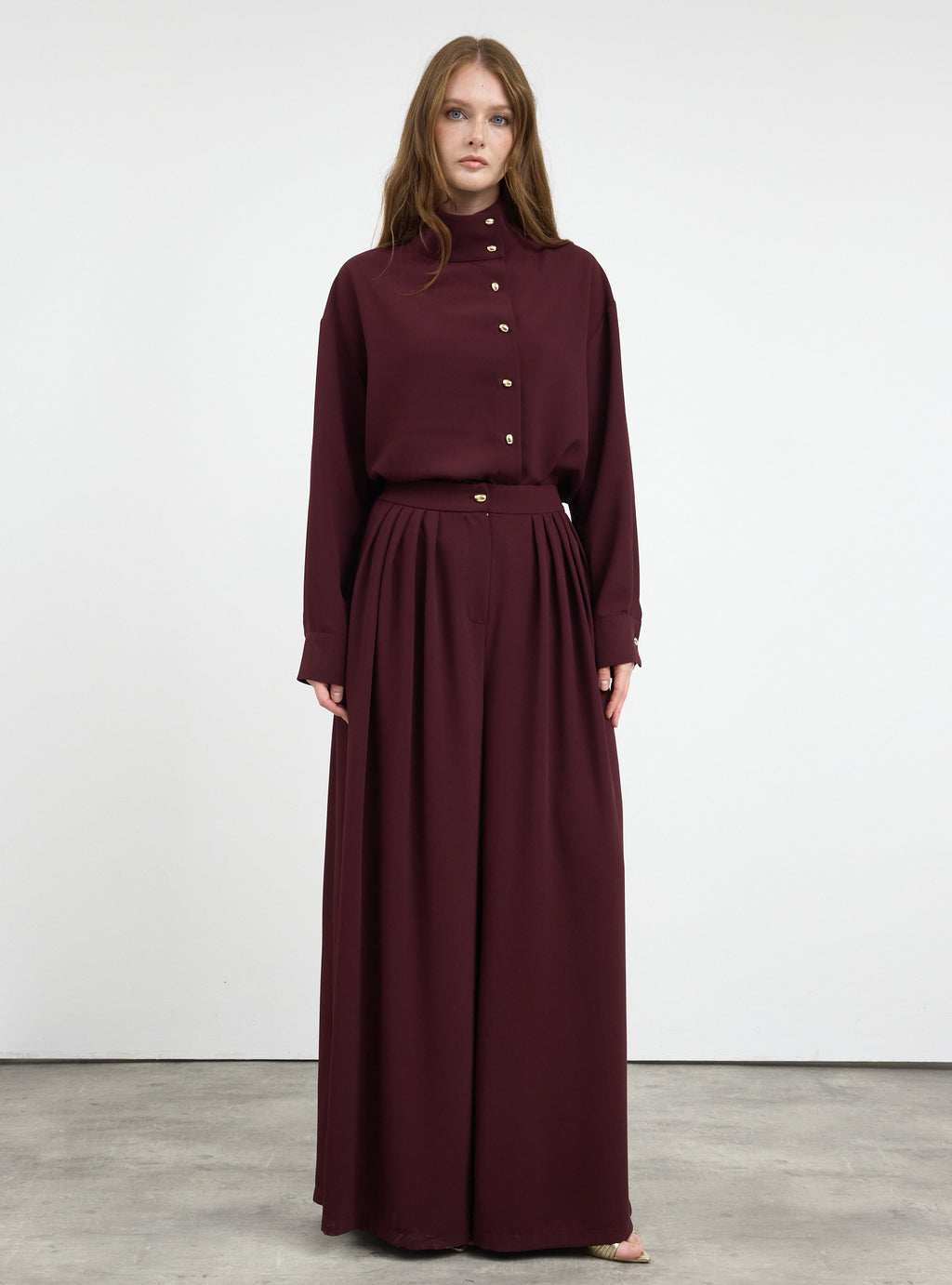 Burgundy Pleated Wide-Leg Trouser Shirt -Set