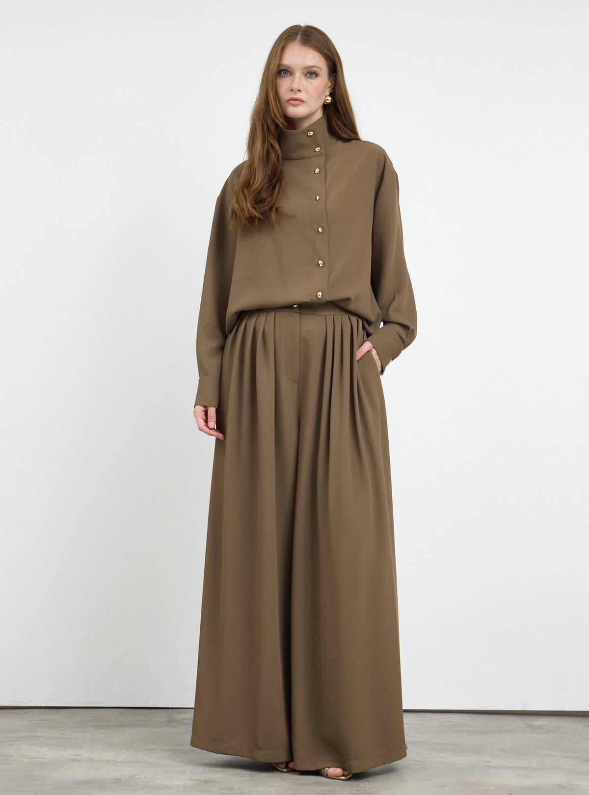 Brown Pleated Wide-Leg Trouser Shirt -Set