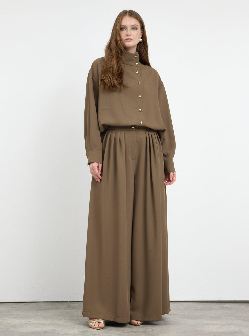 Brown Pleated Wide-Leg Trouser Shirt -Set